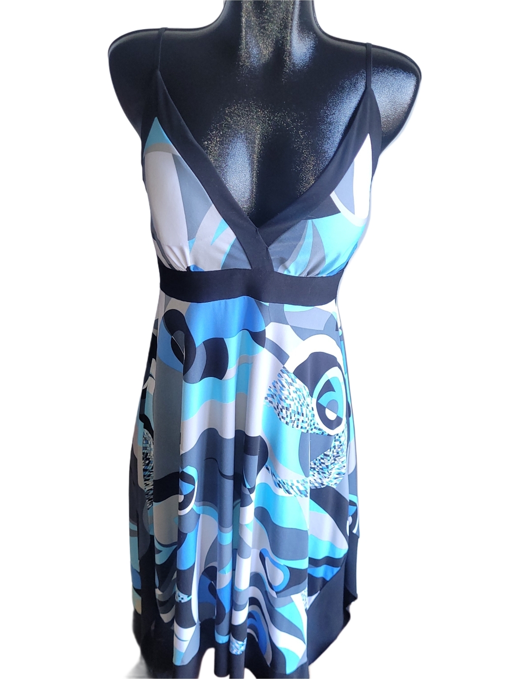Uptown Girl Black, Blue And White Abstract Pattern Midi Summer Dress M